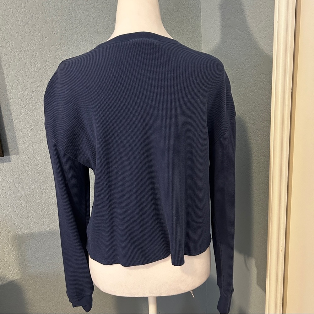 LIFE IS GOOD Sleep Navy Peace Cropped Waffle Knit Thermal Pajama Top XS - Picture 4 of 7